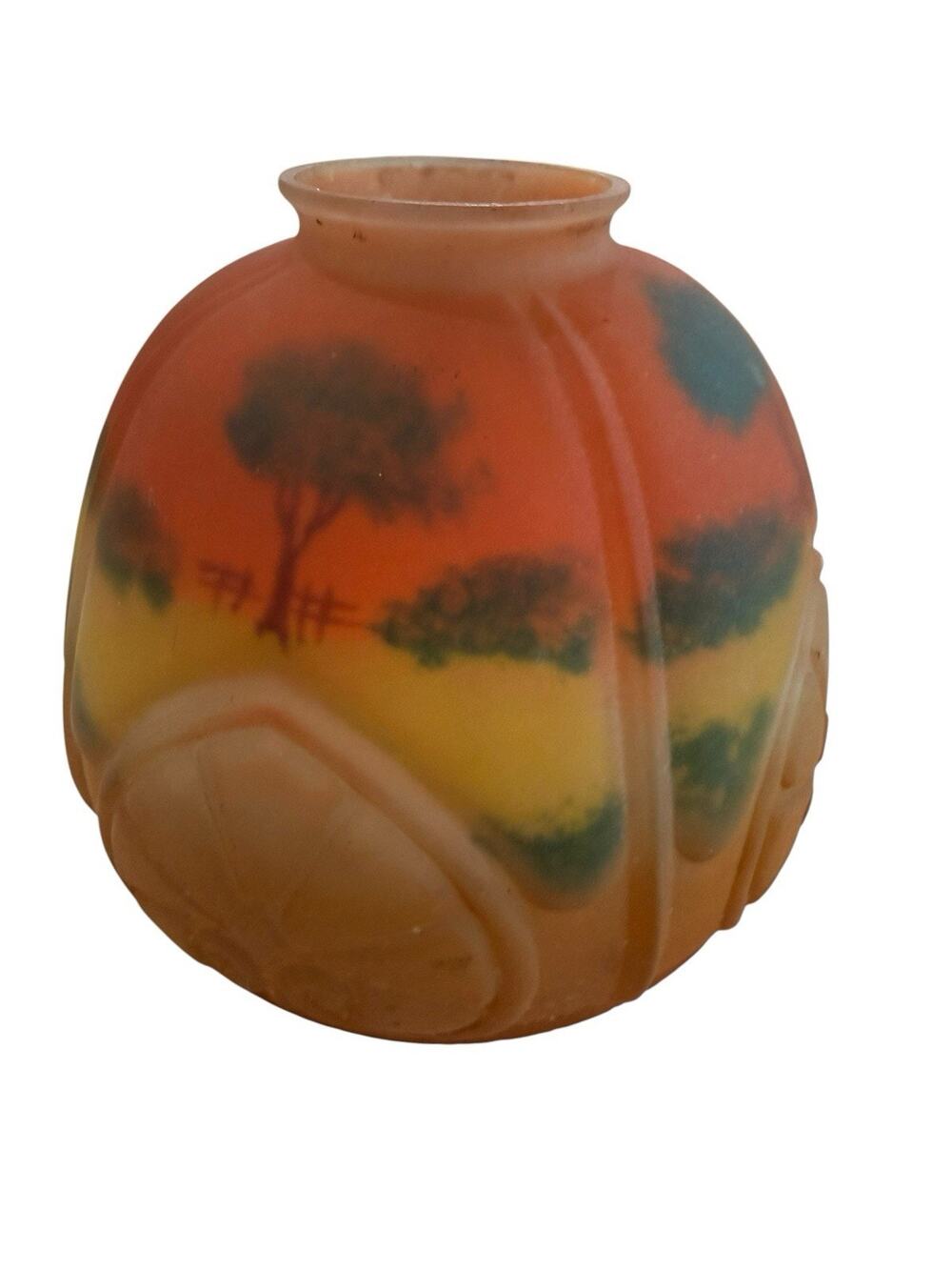 Antique Hand-Painted Orange 4 Panel Country Scene Glass Lamp Shade Vintage